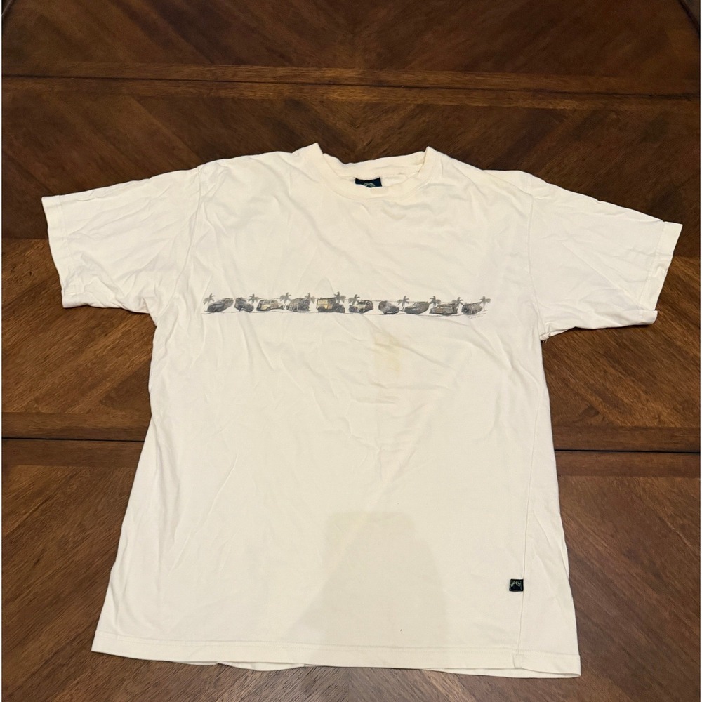 Newport Blue Mens Graphic T-Shirt Large Cream Classic Cars Palm Trees Vintage